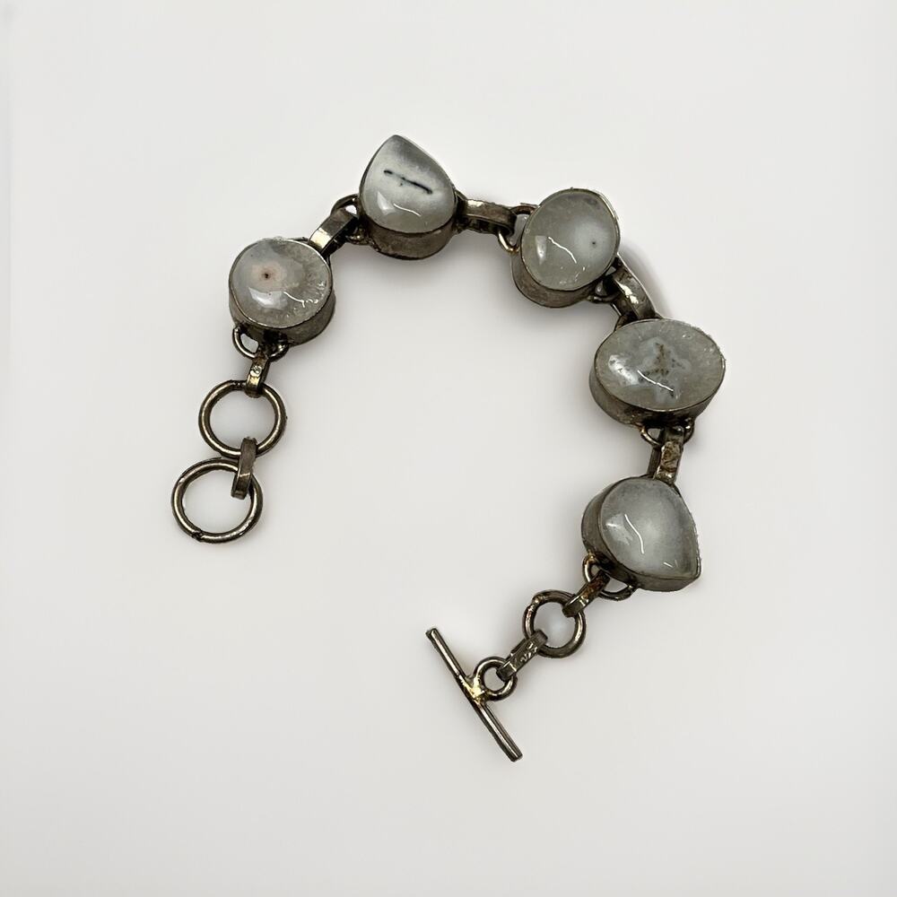 Vintage 925 Sterling Silver Solar Quartz Stalactite Slice Link Bracelet